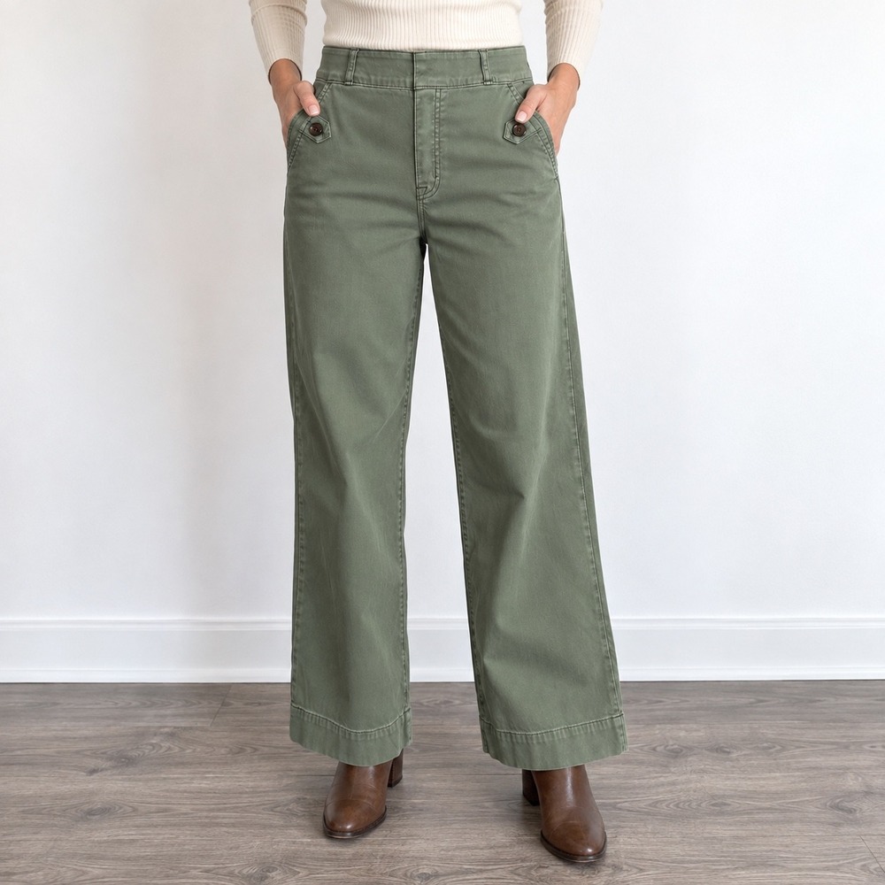 Spanx Stretch Twill Wide Leg Crop Pants Green Women Small High Rise Utility Tuck